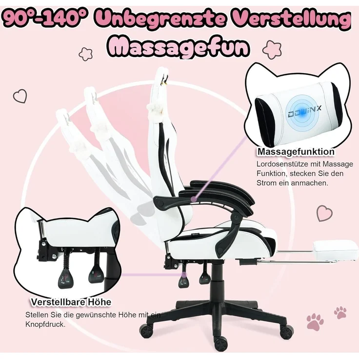 Dowinx Gaming Stuhl Süße Hund Edition Ergonomisch PU-Leder weiß Kaninchen – Bild 5