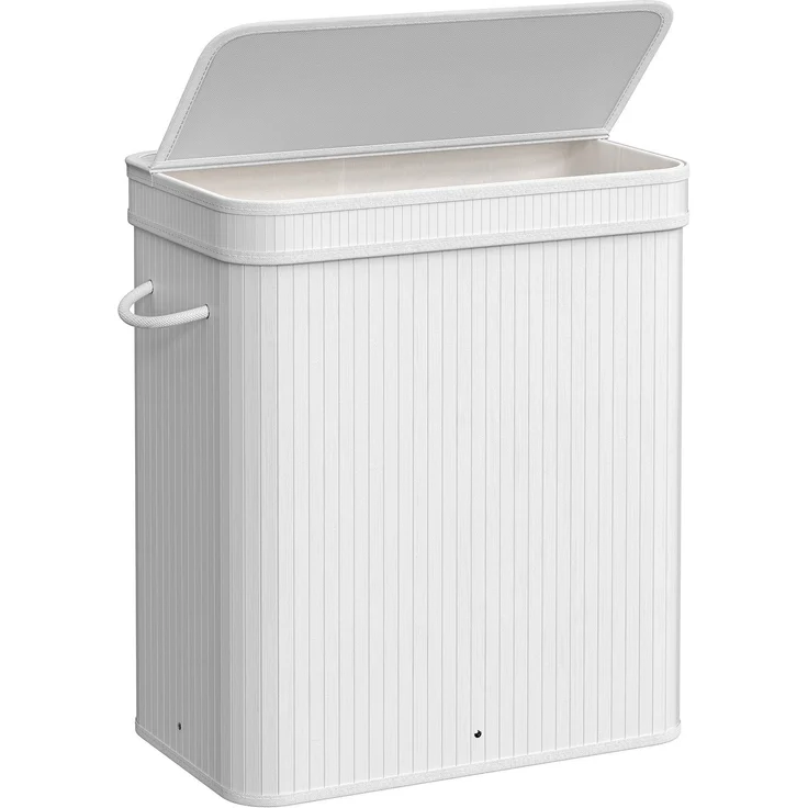 Songmics Wäschekorb mit Deckel, Wäschesammler Bambus, Wäschesack herausnehmbar und maschinenwaschbar, mit Griffen, 100 Liter, für Waschküche, Schlafzimmer, Wohnzimmer, weiß – Bild 1