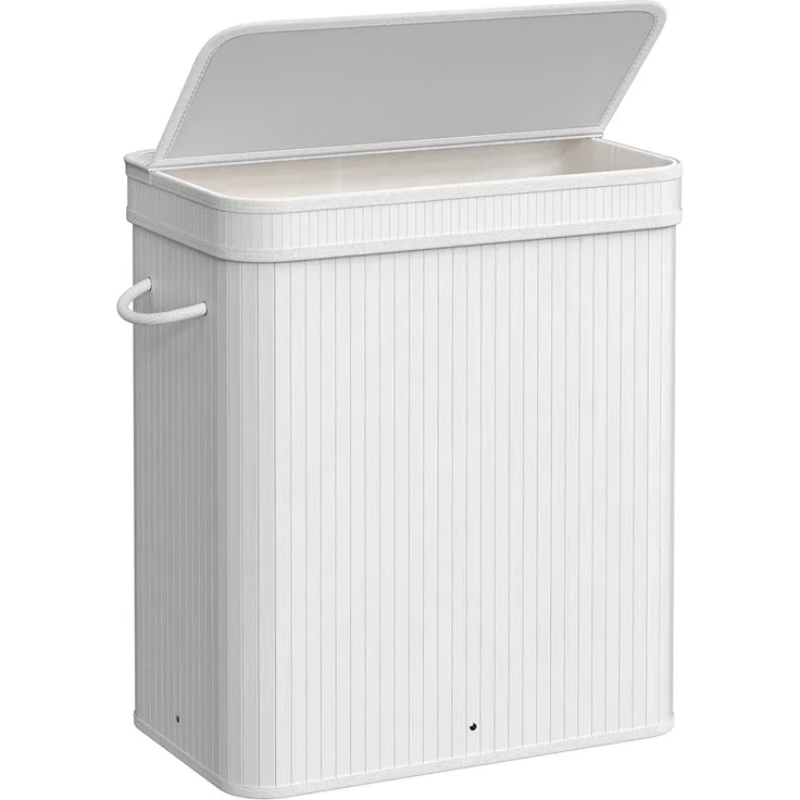 Songmics Wäschekorb mit Deckel, Wäschesammler Bambus, Wäschesack herausnehmbar und maschinenwaschbar, mit Griffen, 100 Liter, für Waschküche, Schlafzimmer, Wohnzimmer, weiß