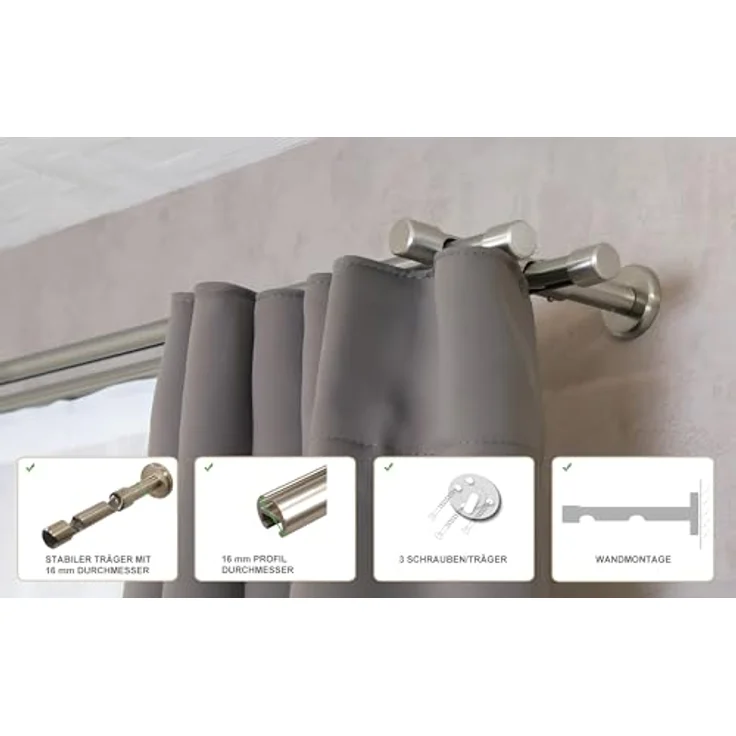 iso-design Gardinenstange Innenlauf 2-läufig 16 mm Farbe Edelstahl Wandmontage, Ø 16 mm, 2-läufig, Fixmaß, mit Bohren, Aluminium – Bild 3