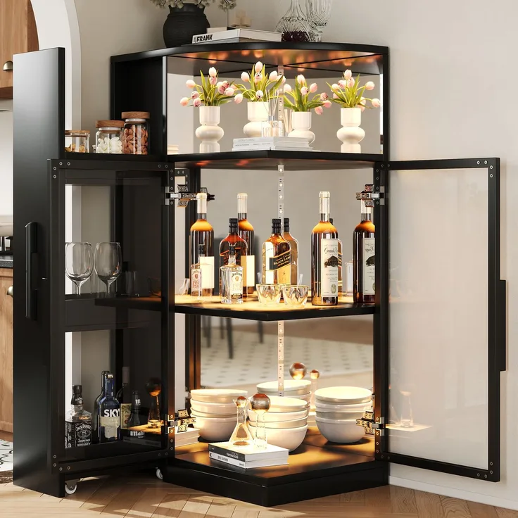 ZUBALIYA Ausziehbare Glasvitrine 64×42×112 cm mit LED-Beleuchtung, Vitrine mit doppelseitigem ESG-Glas, ausziehbarer Seitenschrank,Vitrine,Sammlervitrine, Weinschrank, Küchenschrank, Schwarz