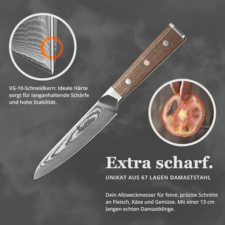 Wakoli Allzweckmesser Hickory Damast Küchenmesser 13cm Klinge FullTang, Walnussholzgriff, Damaststahl, Full Tang, VG-10 – Bild 6