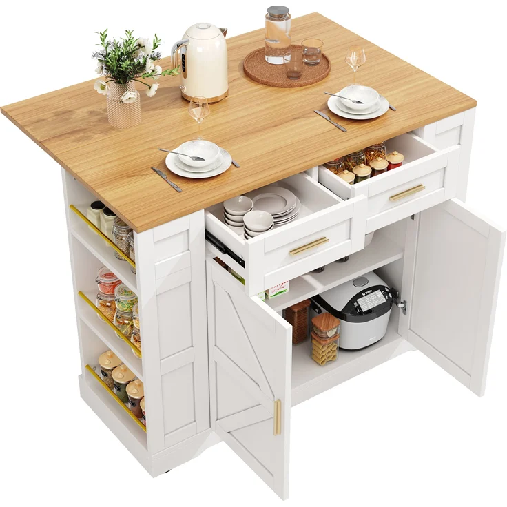 Servierwagen Kücheninsel Weiß, ausziehbar mit Schubladen & Ablage, multifunktional als Esstisch, Beistelltisch oder Küchenwagen, 90cmx120cmx40-65cm – Bild 10