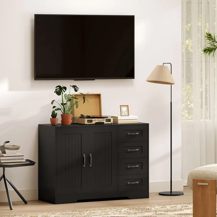HOMCOM Sideboard Beistellschrank mit 4 Schubladen, 2 Türen, verstellbarem Einlegeboden (Aufbewahrungsschrank, 1 St, Küchenschrank), für Wohnzimmer, 105 x 40 x 76 cm, Schwarz – Bild 8