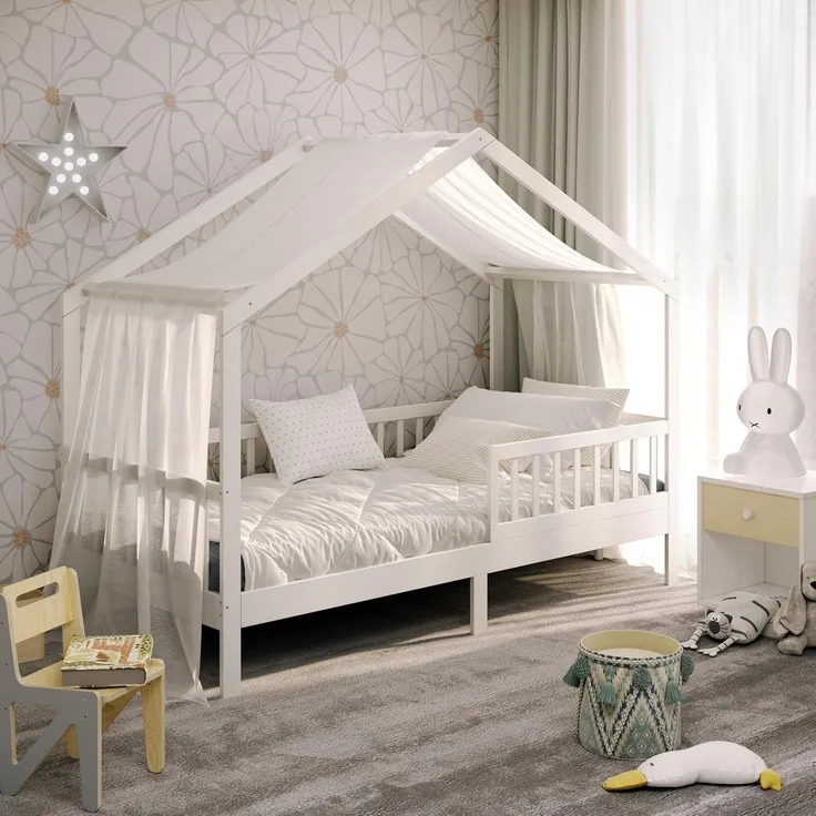 CADANI Kinderbett Hausbett Davi (Rausfallschutz abnehmbar), Bodenbett Hausbett mit Roll-Lattenrost