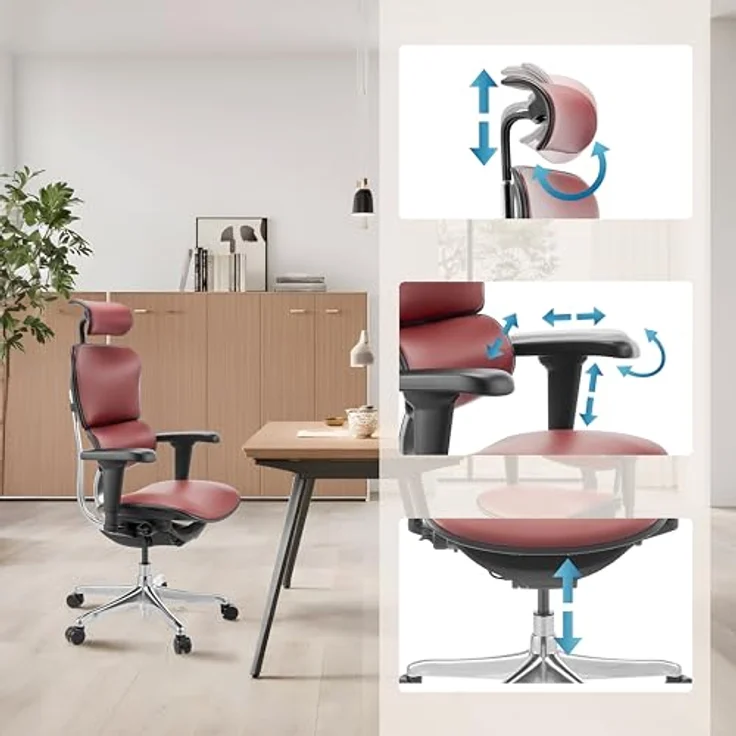hjh OFFICE Bürostuhl ergonomisch ERGOHUMAN Ultra L GEN2 Originales Design, Bürosessel mit Flexibler Lendenwirbelstütze, Leder, Burgunderrot – Bild 6