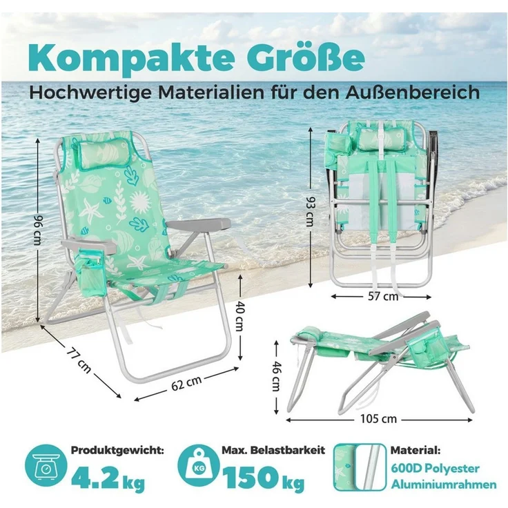 HOMECALL Klappstuhl Strandstuhl Leicht Klappbar Camping, 5-fach verstellbare Rückenlehne (Bis150KG Aluminiumrahmen, groBe Kuhitasche und Aufbewahrungstasche, 2 St), Seitentaschen, Kopfstütze, Schultergurten, Handtuchhalter – Bild 2