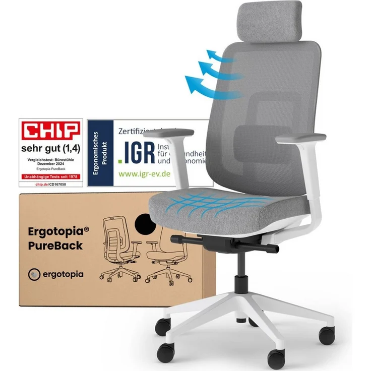 Ergotopia 'PureBack' ergonomischer Bürostuhl mit Lordosenstütze & 4D-Armlehne, Grau, mit Kopfstütze – Bild 6