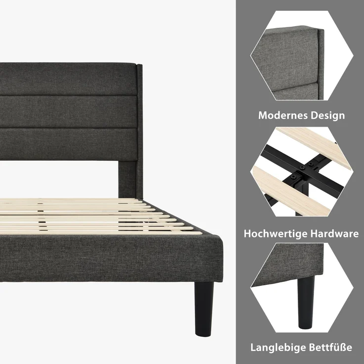 Polsterbett 90x200 cm mit Lattenrost und gepolstertem Kopfteil, Leinenbezug in Grau, zeitloses modernes Design, Jugendbett – Bild 5
