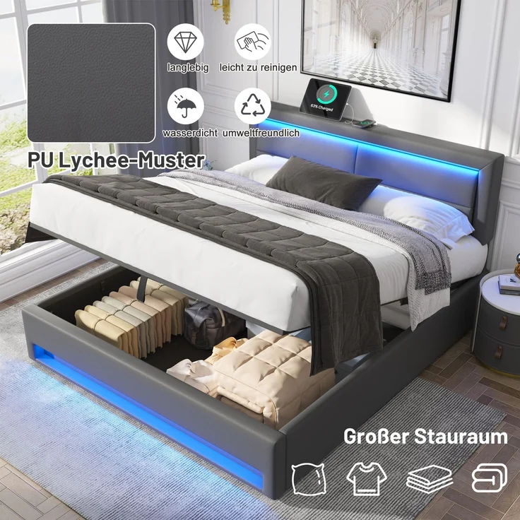 Merax Polsterbett, Doppelbett, 140x190 cm, mit USB-Anschluss (unterstützt kabelloses und kabelgebundenes Laden), LED-Beleuchtung und Stauraum, PU, grau – Bild 6