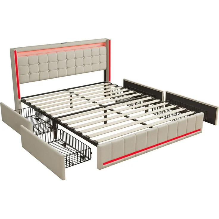 Simurq Polsterbett 180 x 200 cm Doppelbett mit LED Beleuchtung und Ladefunktion (Mit Komforthöhe Lattenrost, Leises Design Bett), Jugendbett 4 Schubladen Stauraumbett, in 2 Größen verfügbar – Bild 4