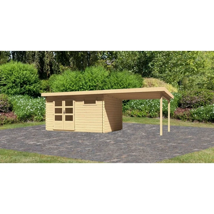 Gartenhaus Bastrup 8 - 670x297 cm mit Anbaudach 3,00 m, 28 mm Holz naturbelassen, Karibu – Bild 2