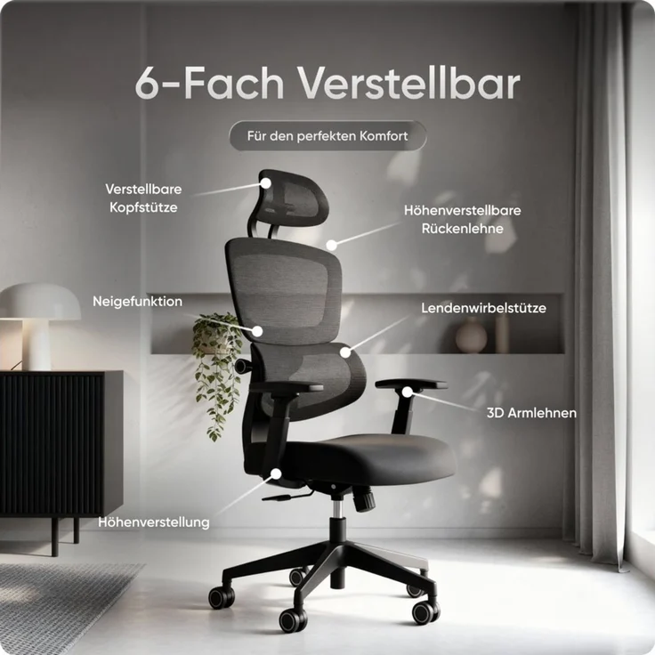 DESKSPACE Bürostuhl Move Ergonomischer Bürostuhl 3-stufige Neigung Schreibtischstuhl 150kg, Intelligente Lordosenstütze zur automatischen Rückenunterstützung – Bild 3