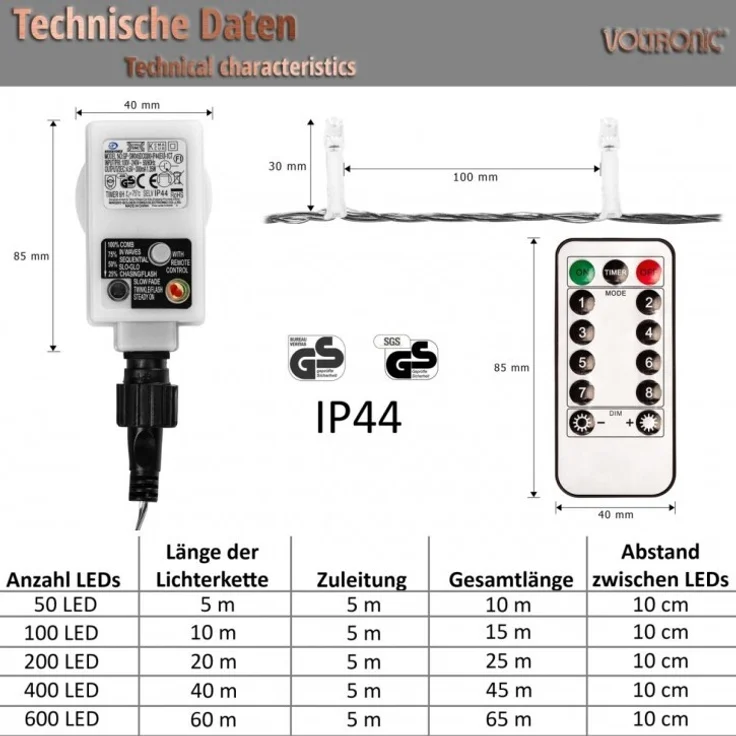 VOLTRONIC® LED Lichterkette, innen und außen, IP44, Modell- und Farbwahl, 200 LEDs, bunt, Fernbedienung – Bild 2
