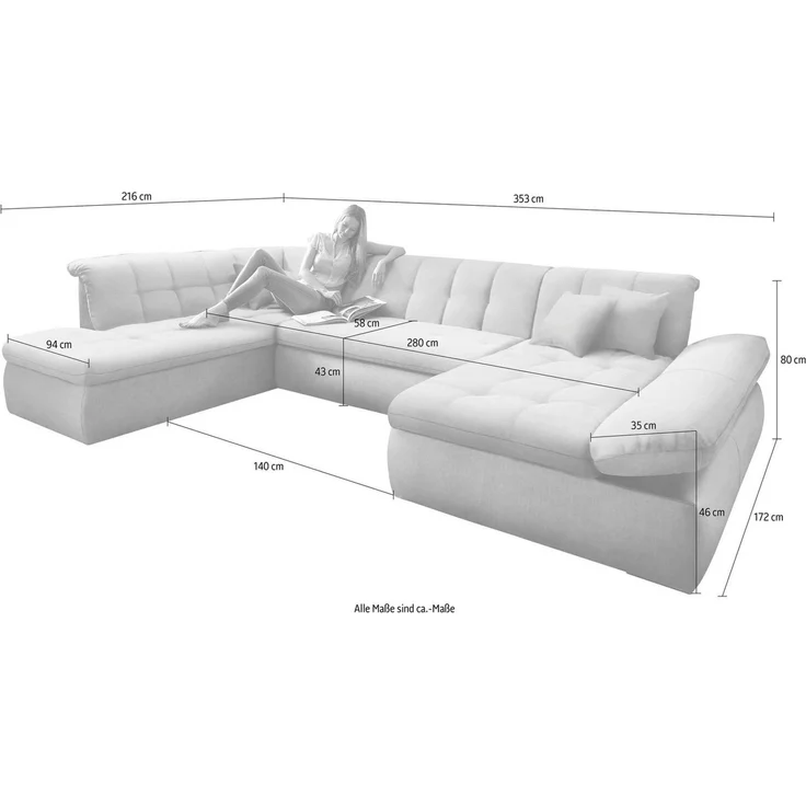 DOMO collection Wohnlandschaft NMORIC im XXL-Format, 353x216x80 cm, inkl. Zierkissen U-Form, wahlweise mit Bettfunktion und Armlehnenverstellung – Bild 4