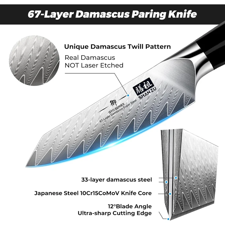 SHAN ZU Damastmesser Schälmesser Obstmesser scharf 9,3 cm Gemüsemesser Küchenmesser, 10Cr15MoV Japanischem Damaststahl 67-Schicht Damaszener Stahl Twill Muster Fruchtmesser mit G10 Griff - GYO Series – Bild 2