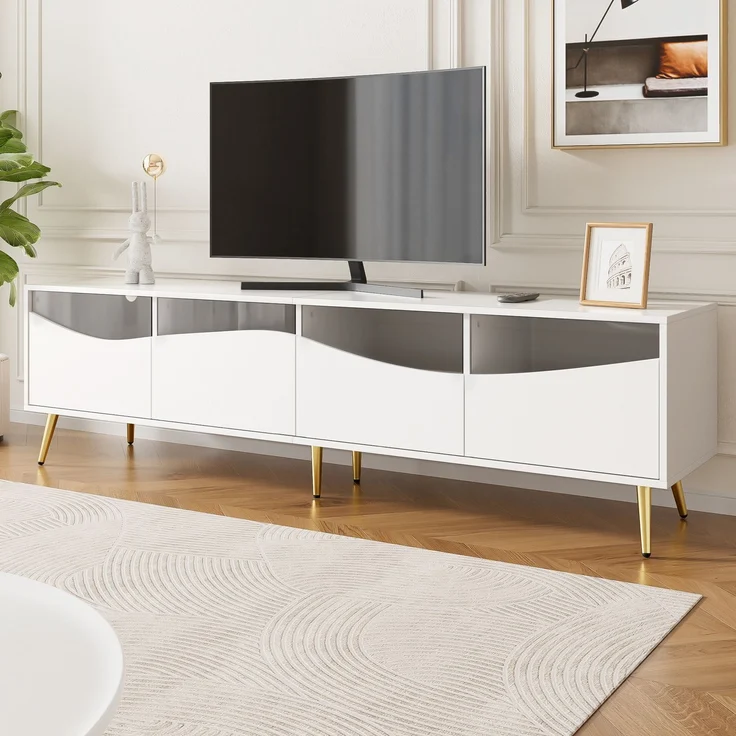 TV-Schrank mit LED, Lowboard 180 cm, Fernsehtisch weiß, Glasfront, Stauraum, Kabeldurchführung, Wohnzimmer – Bild 6
