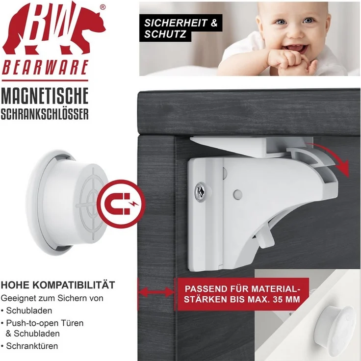 BEARWARE Kindersicherung, Babysicherung Schrankschloss, Schranksicherung magnetisch 20 Schlösser – Bild 2