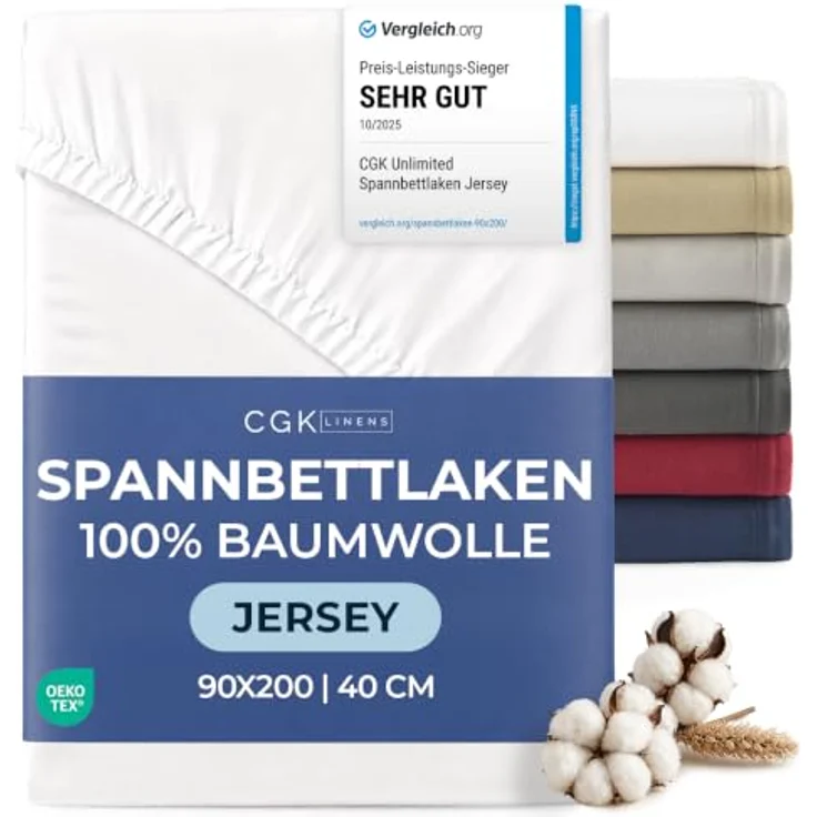 Spannbettlaken Jersey 90x200 - Baumwolle Boxspringbett 40cm tief - Weiß | Spannbetttuch, Rundumgummi, Dehnbar, Weich, Atmungsaktiv, Knitterfrei, Pflegeleicht, Baumwoll-Jersey, Bis 40cm, OEKO-TEX – Bild 1