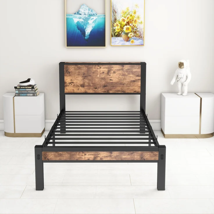 Bett 90x200 cm mit Stauraum – Einzelbettgestell aus MDF und Metall in Antique brown – Bild 6