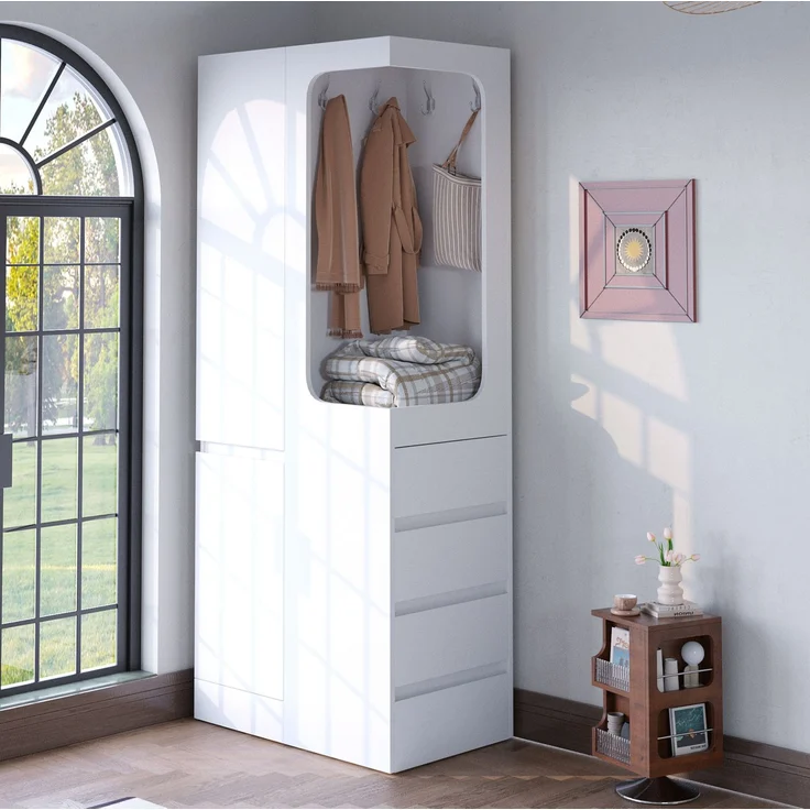 CHICFURN Kleiderschrank, Weiß, 70x170x40 cm, mit 4 Schubladen und offenem Kleiderbereich – Bild 3
