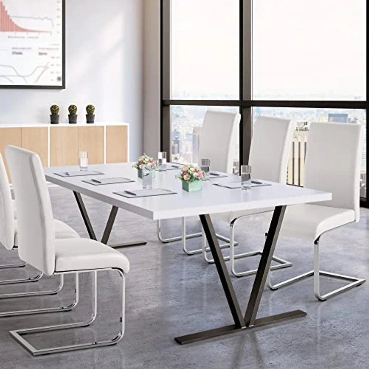Yaheetech 2er Set Esszimmerstühle Küchenstuhl Schwingstuhl Essgruppe, mit hoher Rückenlehne, bequem gepolstert, Edelstahl und Kunstleder, Weiß – Bild 5