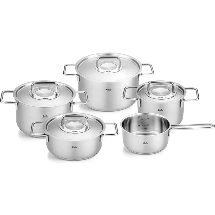 Fissler Topf-Set Fissler Pure Collection, Edelstahl 18/10 (Set, 5-tlg, Kochtopf 16/20/24 + Bratentopf 20cm + Stielkasserolle 16cm oD), Made in Germany