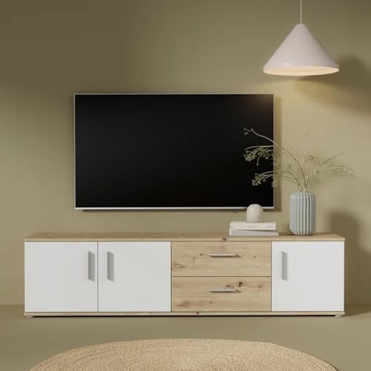 Forte IKOLI TV Schrank 180, modernes Lowboard mit 3 Türen und 2 Schubladen, Wohnzimmer, Holzwerkstoff, Weiß mit Artisan Eiche Holzdekor, 174,3 cm breit x 43,3 cm hoch x 41,3 cm tief – Bild 2