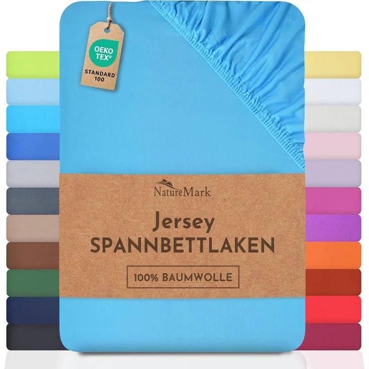 NatureMark Jersey Spannbettlaken, Spannbetttuch 100% Baumwolle in vielen Größen und Farben MARKENQUALITÄT ÖKOTEX Standard 100 | 200x220 cm +40 Steg - türkis