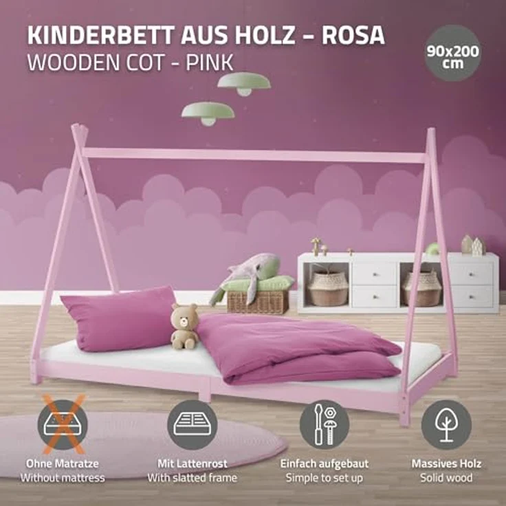 Kinderbett Tipi mit Lattenrost 90x200 cm Rosa aus Kiefernholz ML-Design – Bild 4