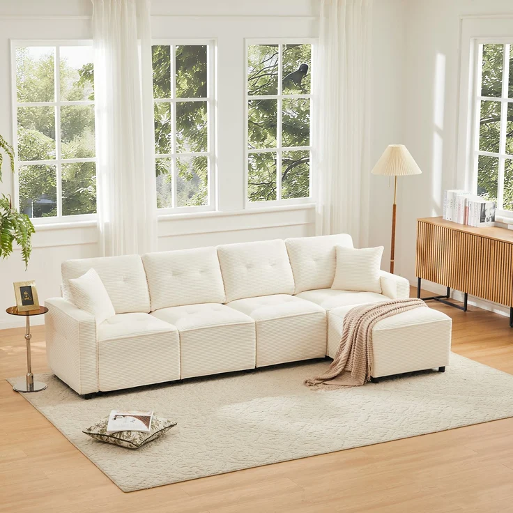 Merax 280cm Großes Sofa, 4-Sitzer Corduroy Sofa, mit Stauraum unter den Sitzflächen, inklusive eines frei platzierbaren Hockers, Beige – Bild 3