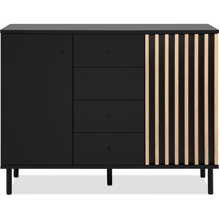Calicosy Sideboard 2 Türen 4 Schubladen Schwarz und Holz B118 cm - MONZA - Helles Holz