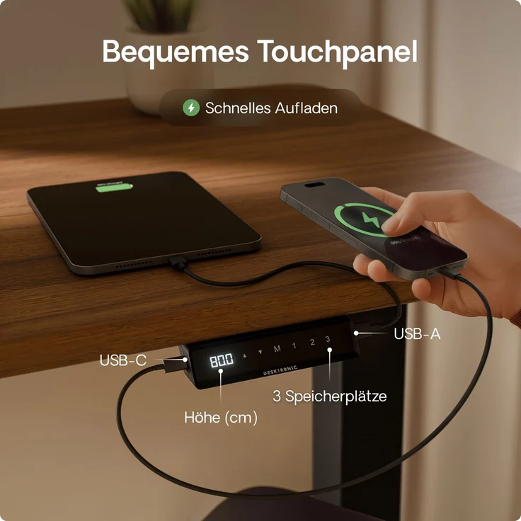 Desktronic HomePro Elektrisch höhenverstellbarer Schreibtisch 200x80cm Schwarz/Walnuss mit Memory-Funktion, Anti-Kollisions Technologie, USB-A und USB-C-Ladeanschlüssen – Bild 6