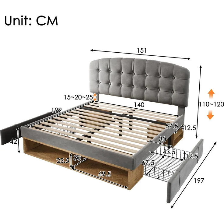 Merax Doppelbett 140x190 cm, Polsterbett mit Lattenrost, Bettgestell mit gebogenem höhenverstellbarem Kopfteil, Bett mit Schubladen und Stauraum, Samt, Grau – Bild 4