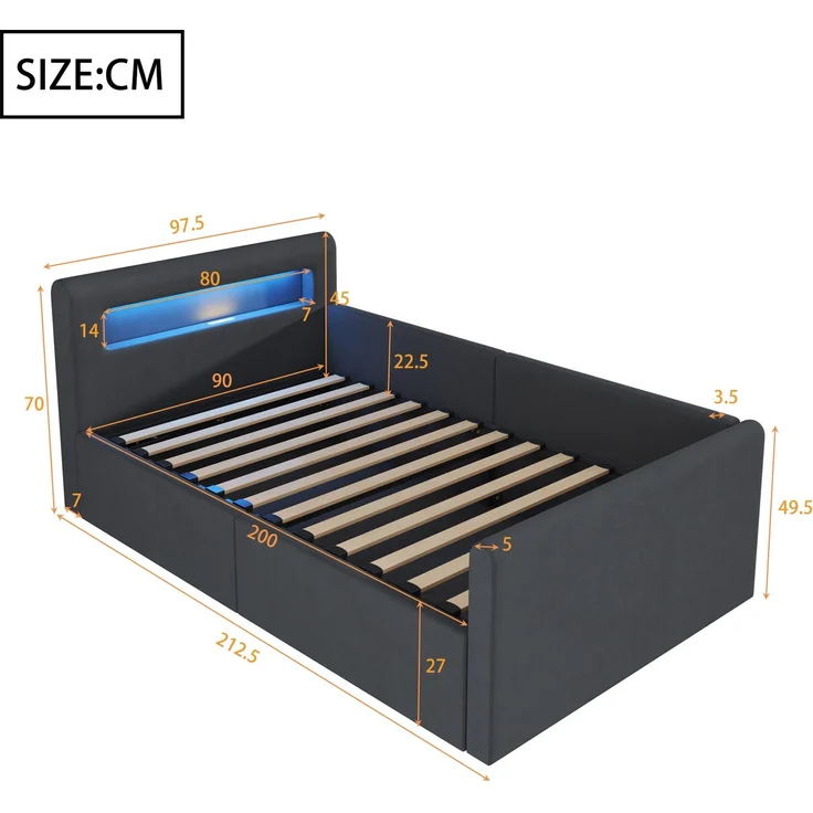Polsterbett Kinderbett 90*200 cm, Mit LED-Licht, Mit Nachtlicht und USB-Ladeanschluss, Mit Regal, Mit Hydraulischem Stauraum, Einfaches Einzelbett, Jungen- und Mädchenbetten, Samtstoff, Dunkelgrau – Bild 9