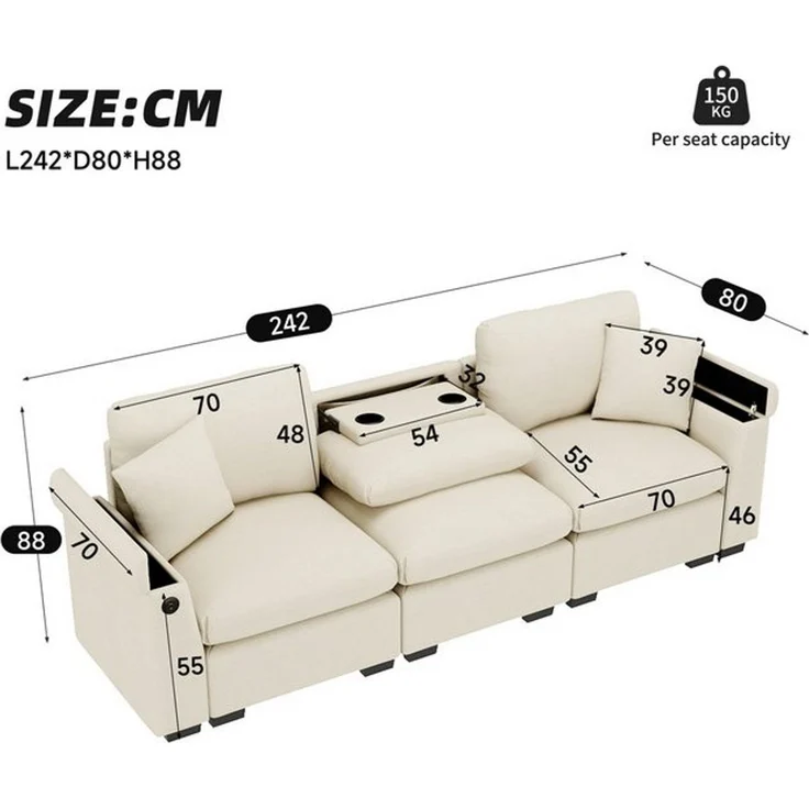 Merax 3-Sitzer Sofa aus weichem Chenille, Multifunktionssofa mit USB-Anschluss, für Wohnzimmer, Büro und Heimkino 1 Teile, XXL Sofa mit klappbarer Rückenlehne, Getränkehalter & Stauraum – Bild 4
