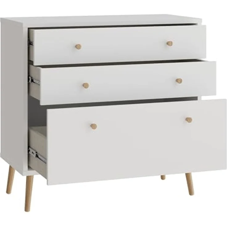 Forte HARLLSON Sideboard 90, Mid-Century-Modern Stil, leichte Montage Dank EasyKlix by Forte, 3 Schubladen, hohe Füße, Holzwerkstoff, Weiß, 89,8 cm breit x 86,5 cm hoch x 41,5 cm tief – Bild 5