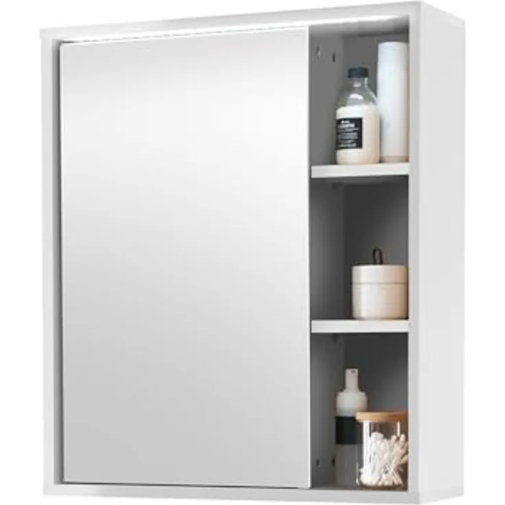 GREECE Spiegelschrank Bad mit LED-Beleuchtung in Weiß - Badezimmerspiegel Schrank mit viel Stauraum - 60 x 70 x 20 cm (B/H/T)