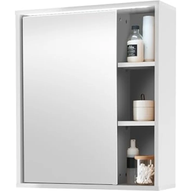 GREECE Spiegelschrank Bad mit LED-Beleuchtung in Weiß - Badezimmerspiegel Schrank mit viel Stauraum - 60 x 70 x 20 cm (B/H/T) – Bild 1