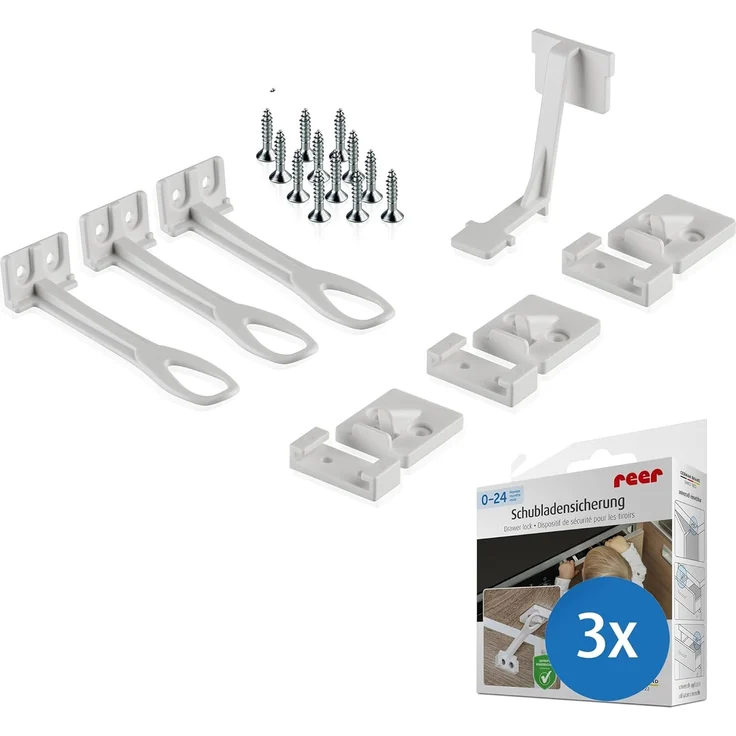 reer Schrank- und Schubladensicherung mit Montagehilfe | Einfache Einhand-Bedienung | Schraubmontage | integrierter Klemmschutz | 3 Stück | Farbe: weiß – Bild 1