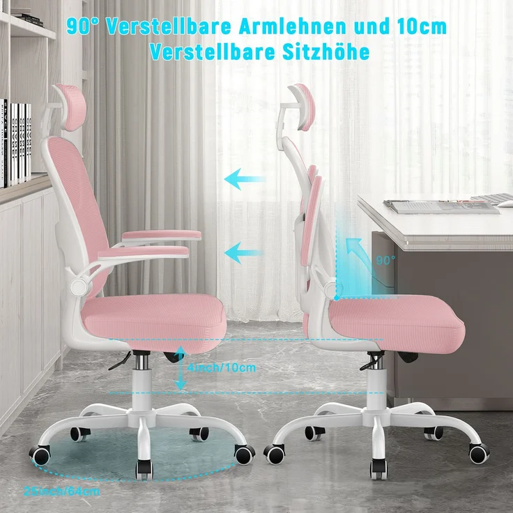 Botifly Ergonomischer Bürostuhl mit Kopfstütze, Mesh-Gewebe, Rosa, 90°-120° Wippfunktion, 10 cm Höhenverstellbar, 52 x 26 x 57 cm – Bild 4