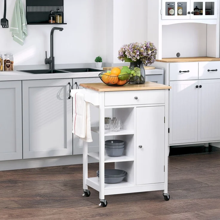 Platzsparender MDF-Küchenwagen mit Gummiholz-Arbeitsplatte, 66.0×39.5×86.5cm, Piano natur weiß, MELAYR – Bild 3