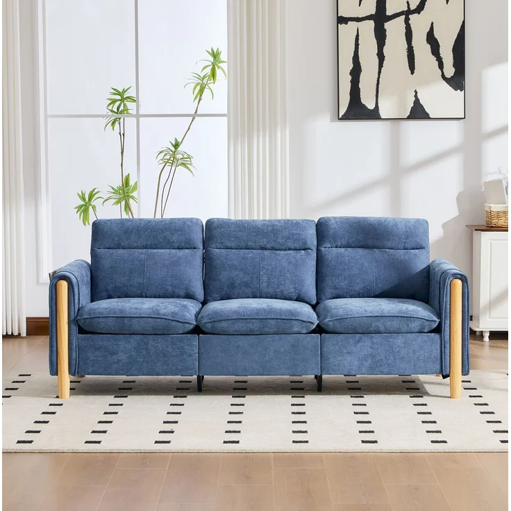 DESVIAE Sofa L-Form mit Stauraumhocker und Seitentaschen 201x77x86 cm Chenille Blau – Bild 3