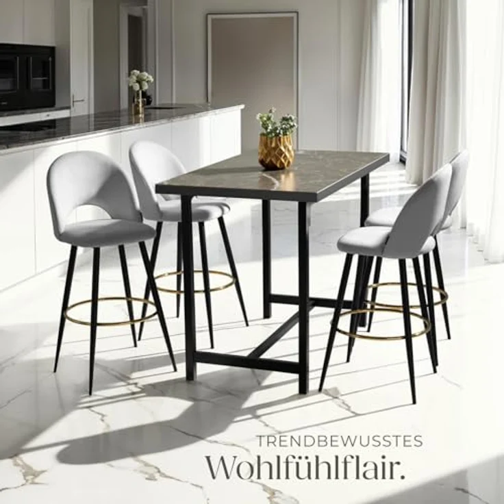 tectake Barstuhl Sachel, Hellgrau, gepolsterter Bistrostuhl mit stabilen Stahlbeinen und Fußstütze, 49x110x58 cm – Bild 2