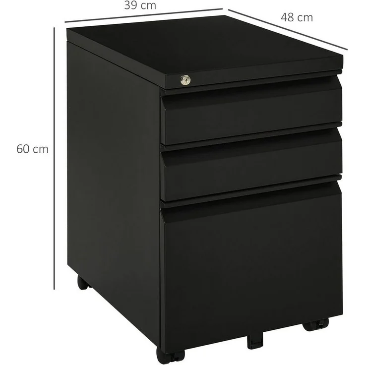 Vinsetto Rollcontainer Büroschrank mit 3 Schubladen, (Büroschrank, 1 St, Bürocontainer), Stahl Schwarz 39 x 48 x 60 cm – Bild 2