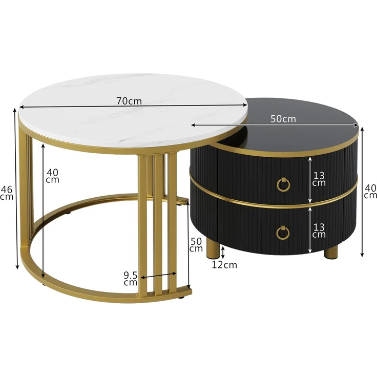 Couchtisch 2-teilig Set rund mit Marmormuster Gold und Schwarz Hochglanz Tischplatte mit Schubladen Stauraum – Bild 5