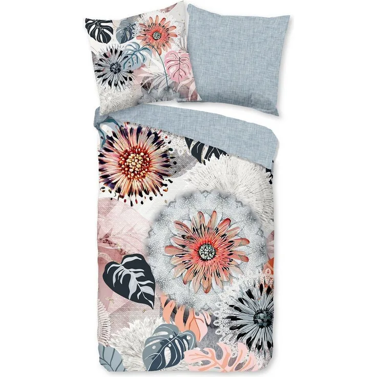 hip Wendebettwäsche Ralvira, Biber, Flanell, 3 teilig, Flanell, Biber, Warm, Wendeoptik, Mandala, Blumen, Blätter, Grau