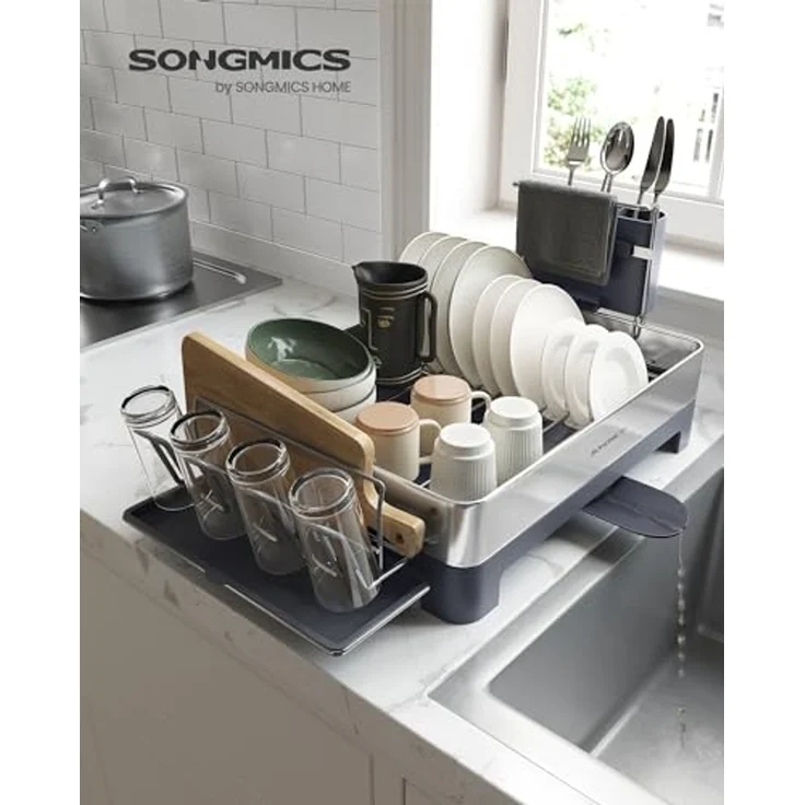 SONGMICS Abtropfgestell, Geschirr-Abtropfständer Edelstahl, drehbarer Auslauf, Abtropfschale, Tassenhalter, fingerabdruckresistent, für Küche, 31,7 x 57,2 cm, silbern-grau KCS030E01V1 – Bild 2