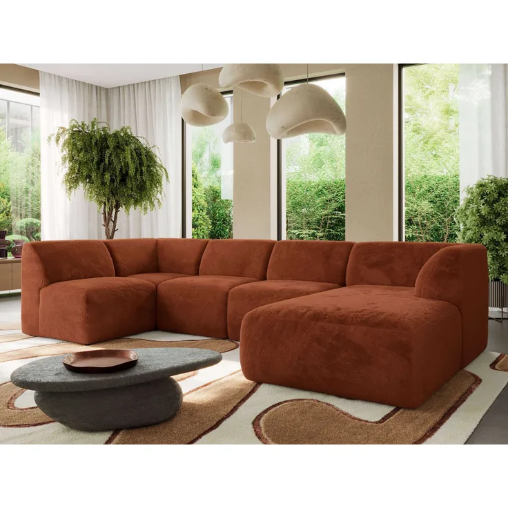 Modulares XXL-Ecksofa MODARO 5M, U-Form, Wohnlandschaft, 5-teilig, freistehend, Wohnzimmer Couch, HR-Schaumstoff - Orange Plüsch - Rechts