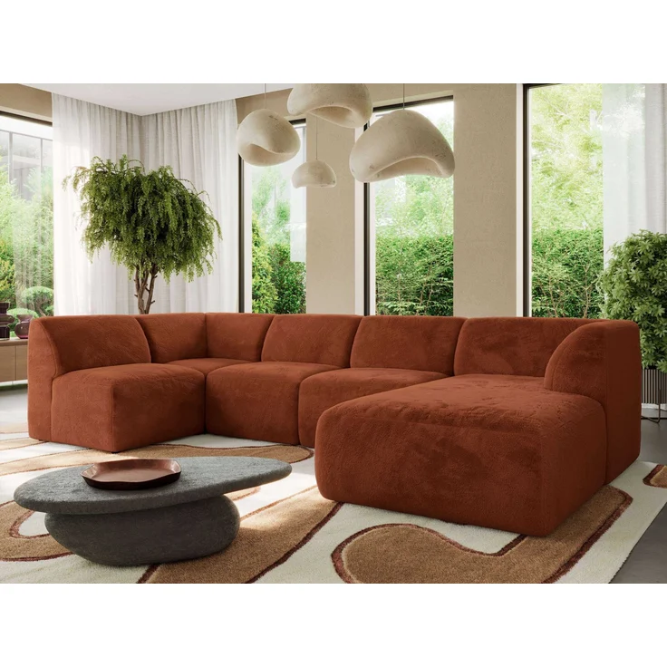 Modulares XXL-Ecksofa MODARO 5M, U-Form, Wohnlandschaft, 5-teilig, freistehend, Wohnzimmer Couch, HR-Schaumstoff - Orange Plüsch - Rechts – Bild 1